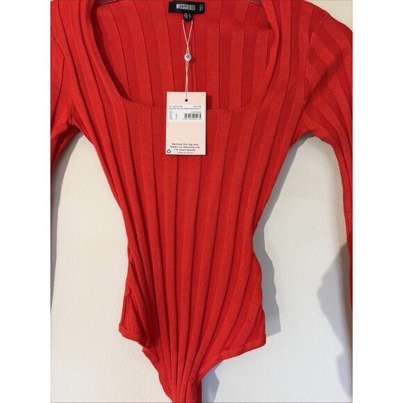 MISSGUIDED Red Square Neck Extreme Ribbed Long Sleeve Bodysuit Womens 4 NEW NWT - Picture 2 of 7